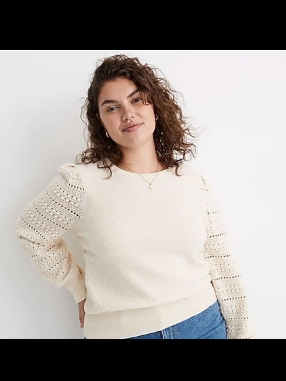 An ivory Madewell Bobble-Sleeve Pullover Sweater in a cotton-merino wool blend